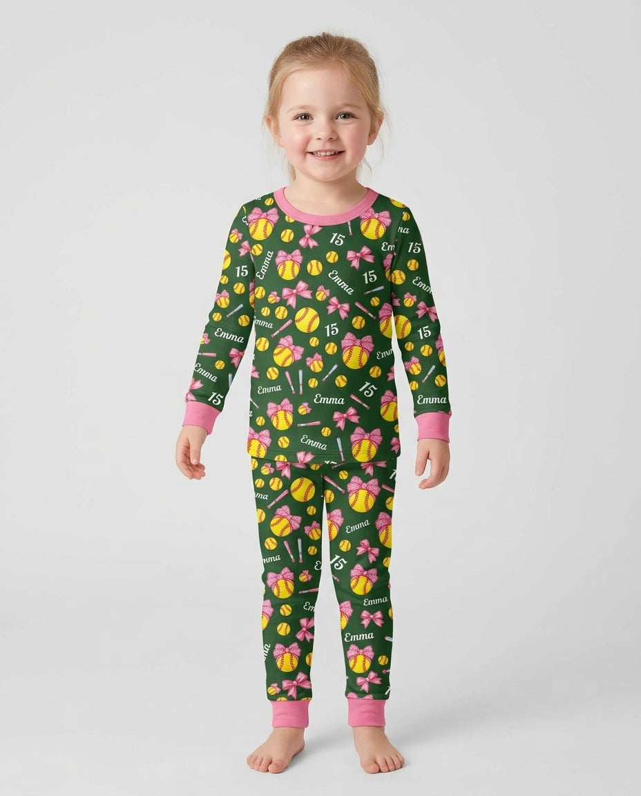 Little Softball Star Bamboo Two Piece Long Sleeve Pajama Set