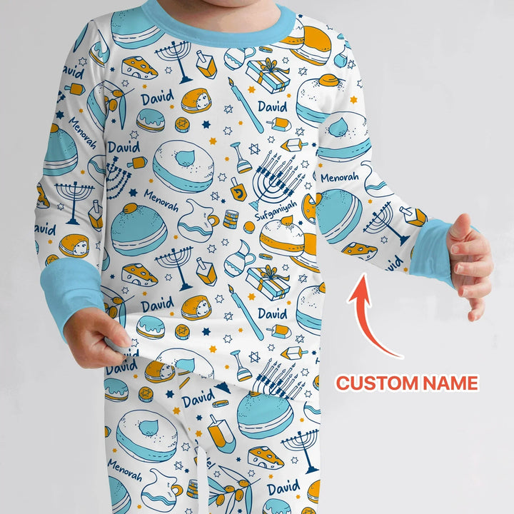 Happy Hanukkah Doodles Custom Name Family Matching Bamboo Two Piece Long Sleeve Pajama Set