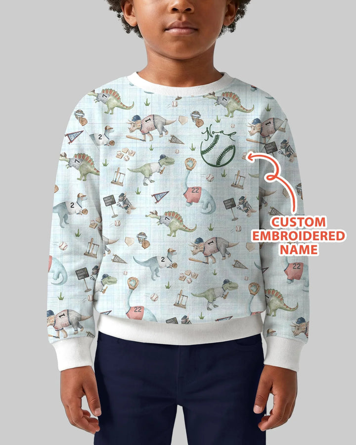 Custom Embroidered Dinosaurs Baseball  Bamboo Crewneck Sweatshirt
