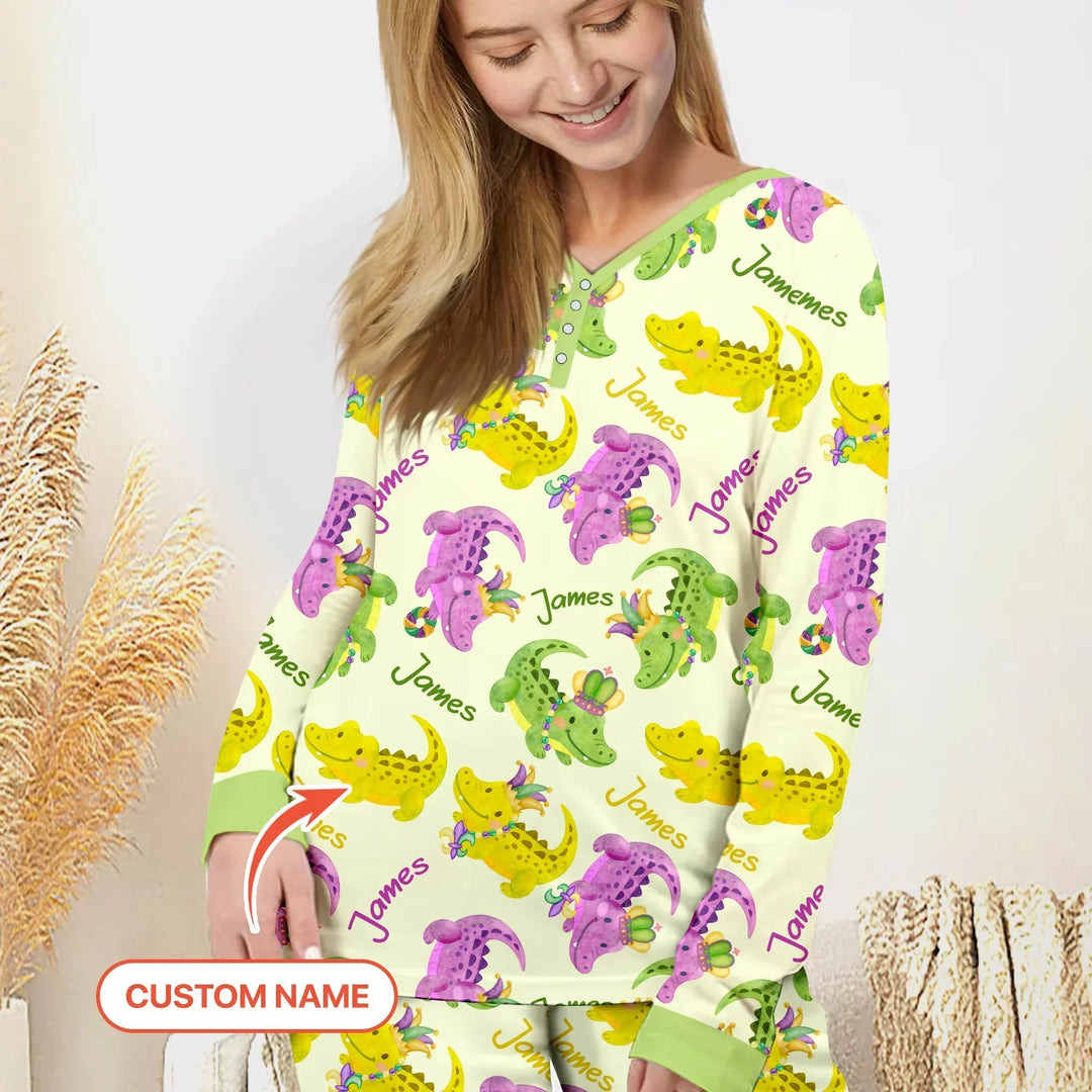 Custom Name Mardi Gras Alligator Bamboo Women Pajama Set