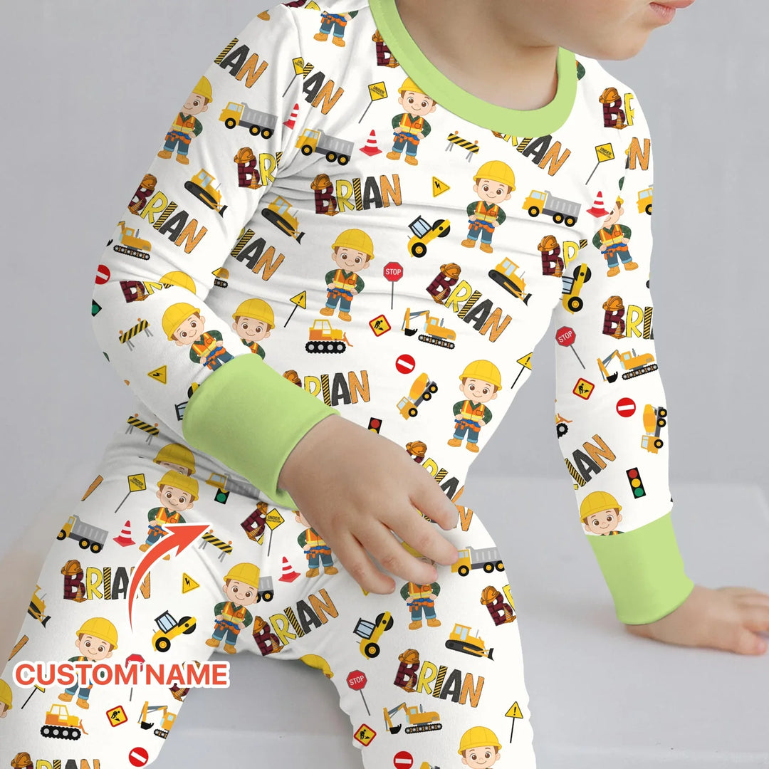 Custom Name Doodle Little Builder Bamboo Two Piece Long Sleeve Pajama Set