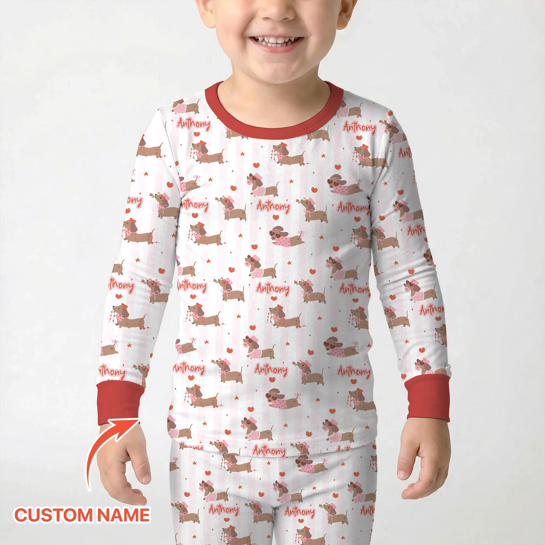 Custom Name Valentine Dachshund Family Matching Bamboo Two Piece Long Sleeve Pajama Set
