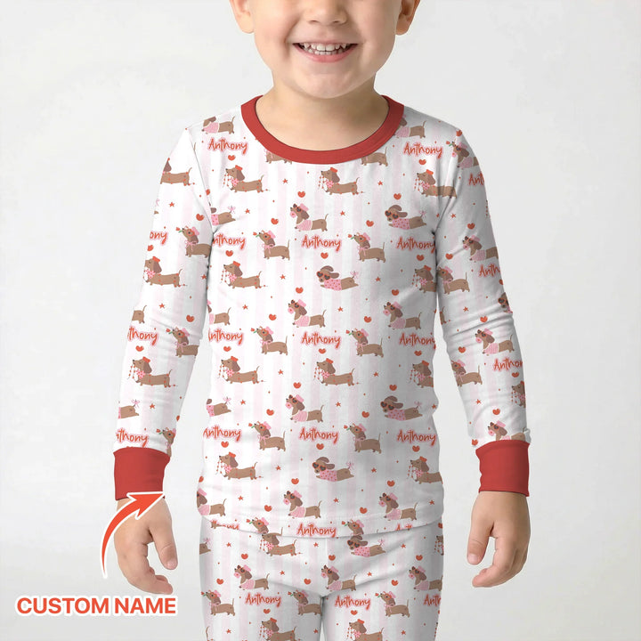 Custom Name Valentine Dachshund Family Matching Bamboo Two Piece Long Sleeve Pajama Set