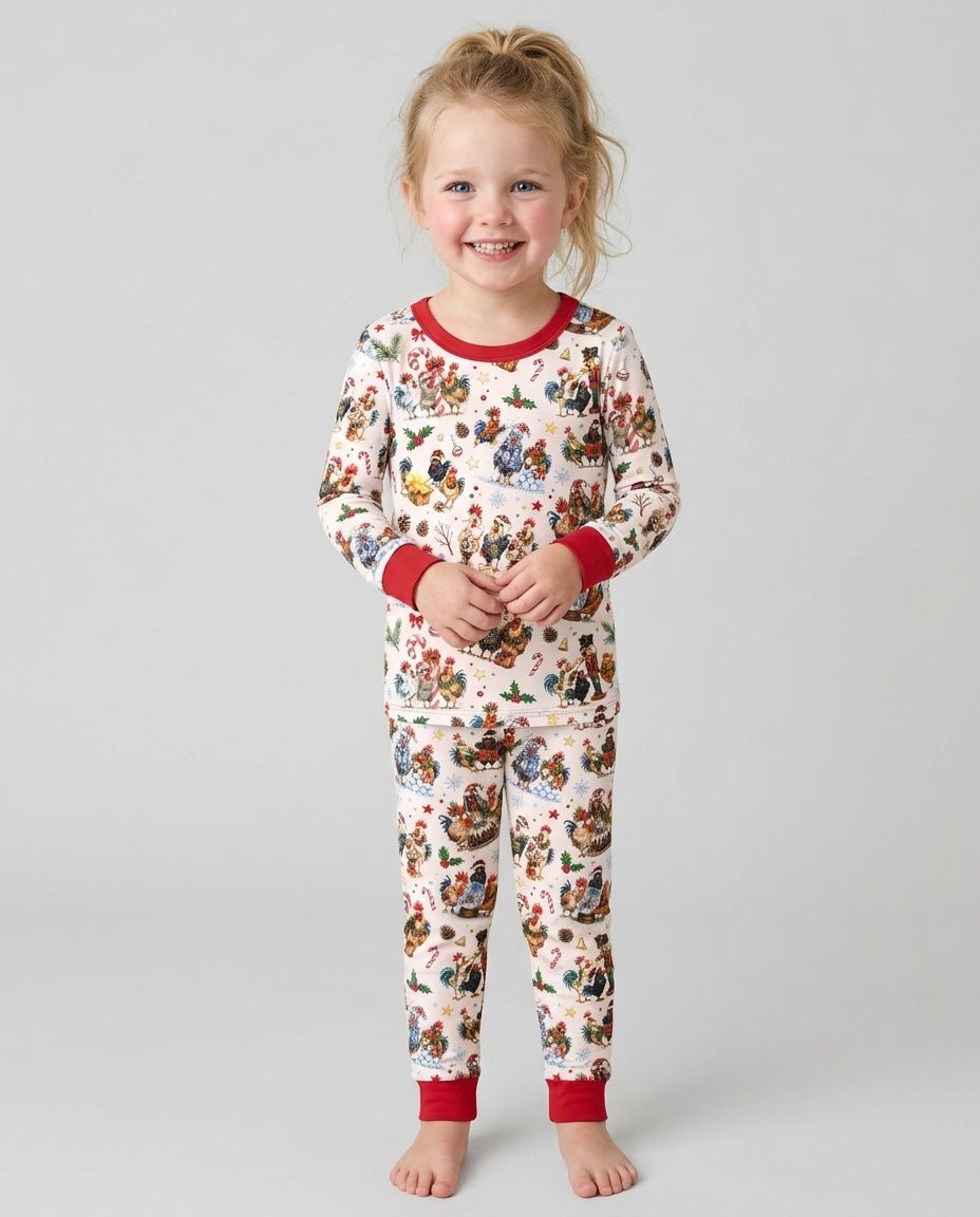 Funny Roosters On Christmas Bamboo Two Piece Long Sleeve Pajama Set