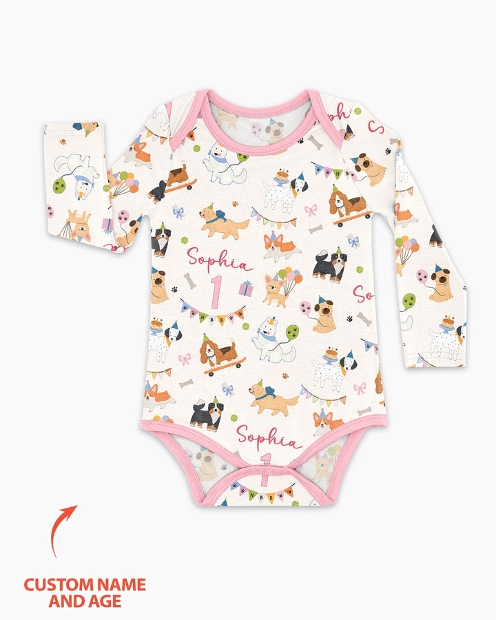 Custom Name Birthday Dogs Party Bamboo Bodysuit