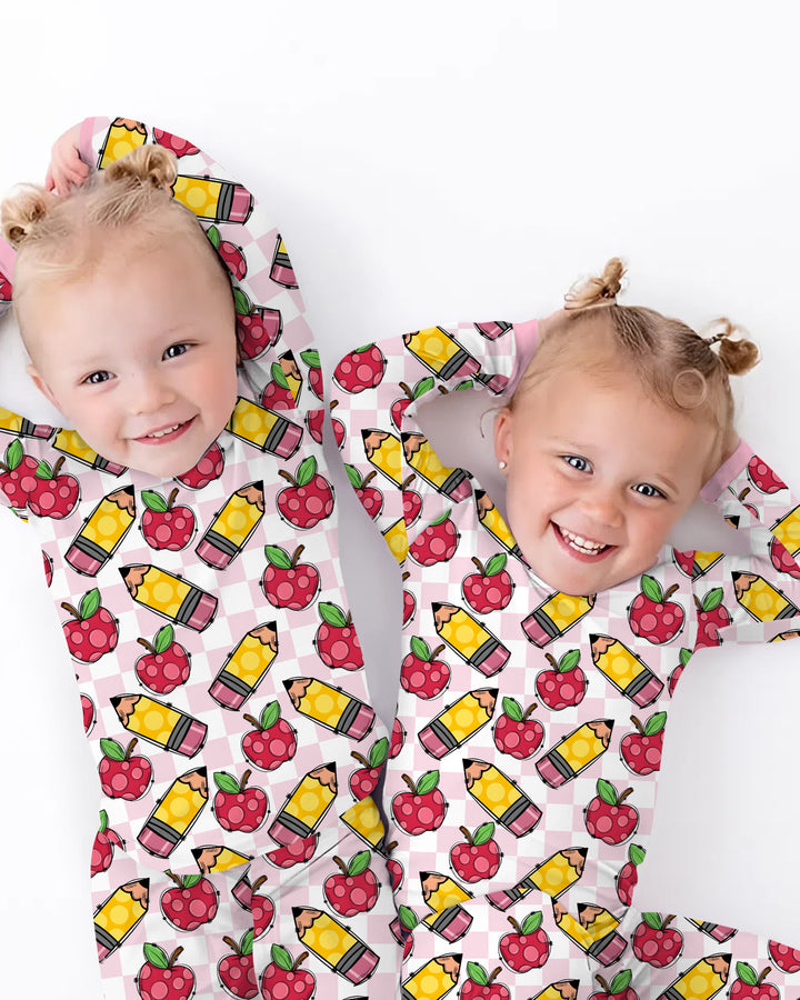 Checkered Apple Scribbles Bamboo Two Piece Long Sleeve Pajama Set