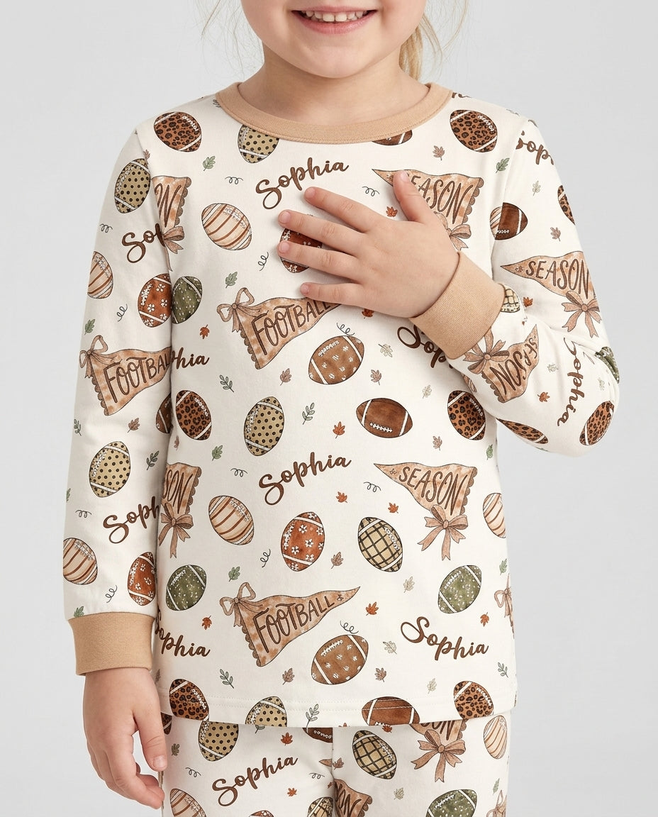 Custom Name Football Fall Season Bamboo Two Piece Long Sleeve Pajama Set