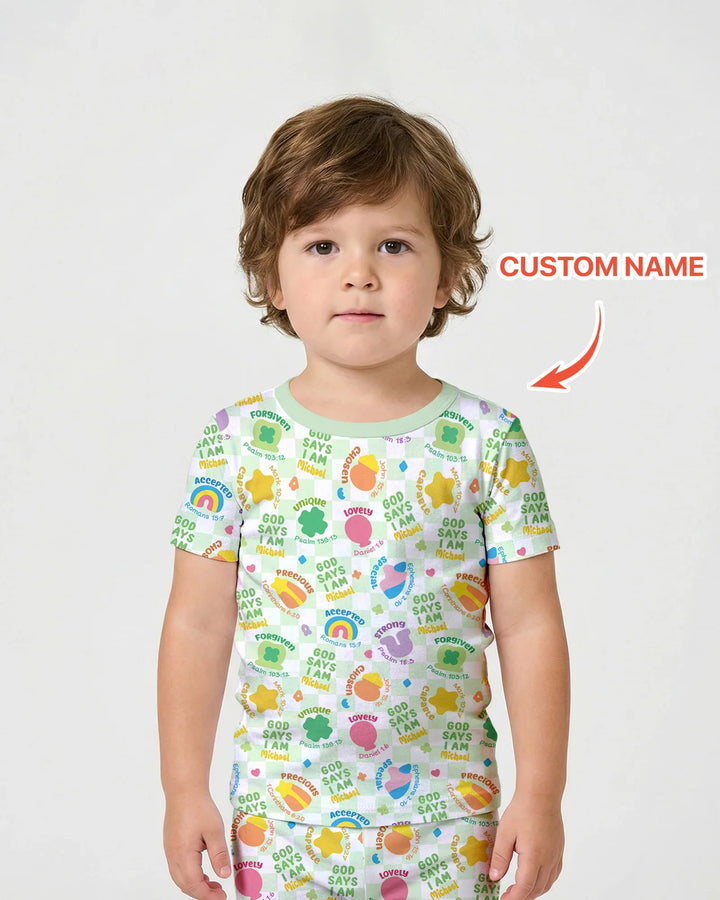 God Says I Am St. Patrick’s Day Custom Name Family Matching Bamboo Two Piece Short Sleeve Shorts Pajama Set