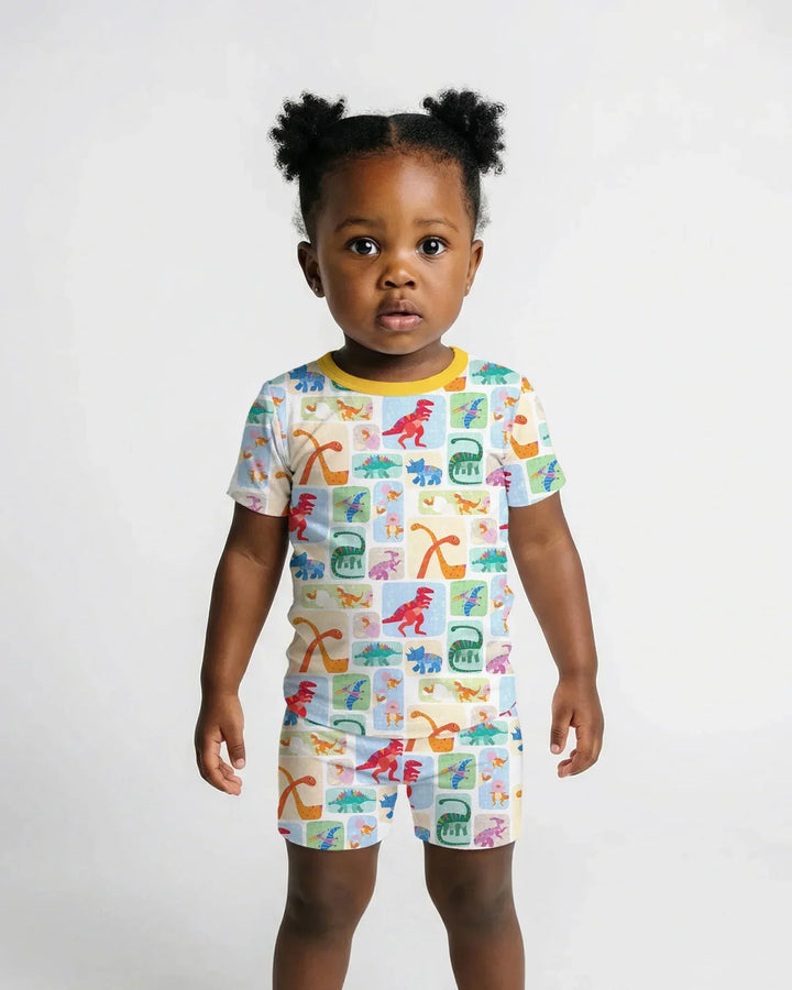 Rainbow Dino Friends Family Matching Bamboo Two Piece Short Sleeve Shorts Pajama Set