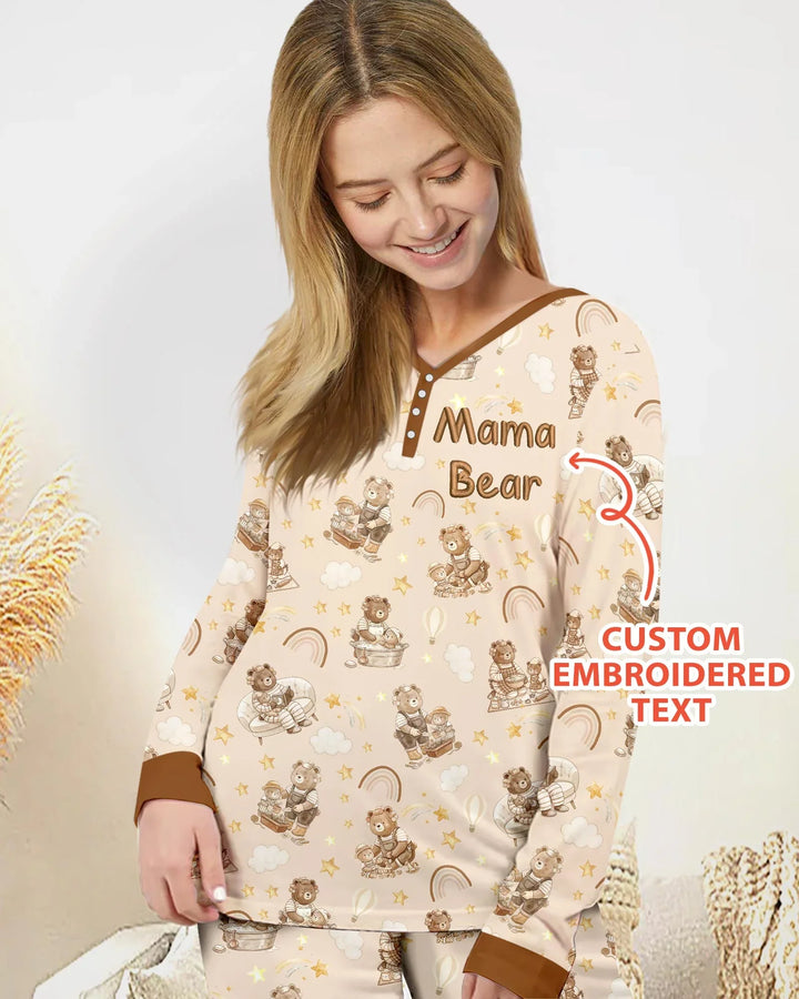 Embroidered Mama Bear and Baby Bear Bamboo Women Pajama Set