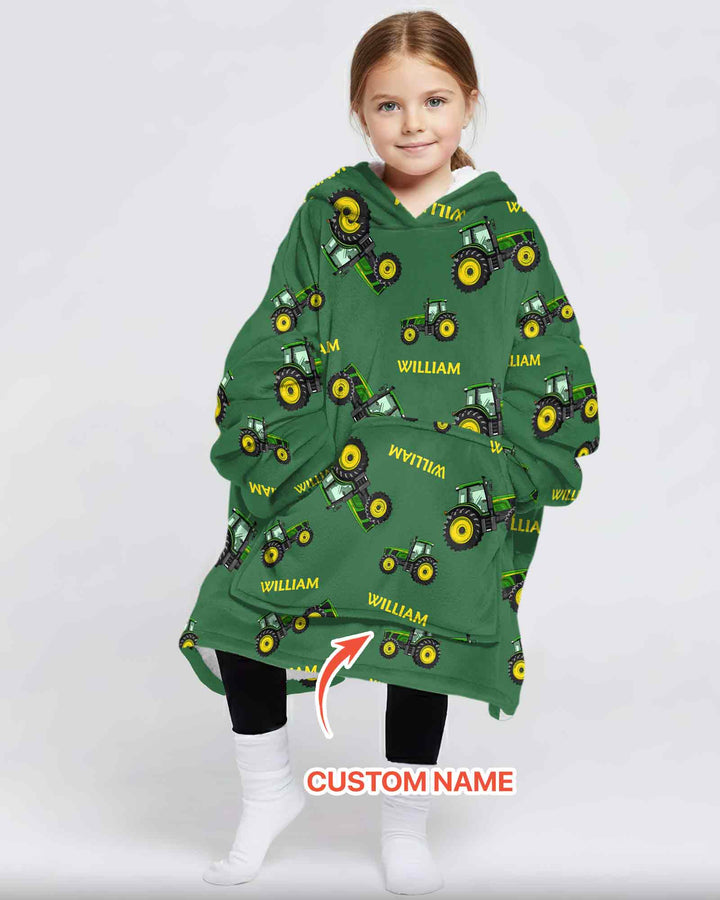 Custom Name Green Tractors Matching Daddy & Me Bamboo Blanket Hoodie