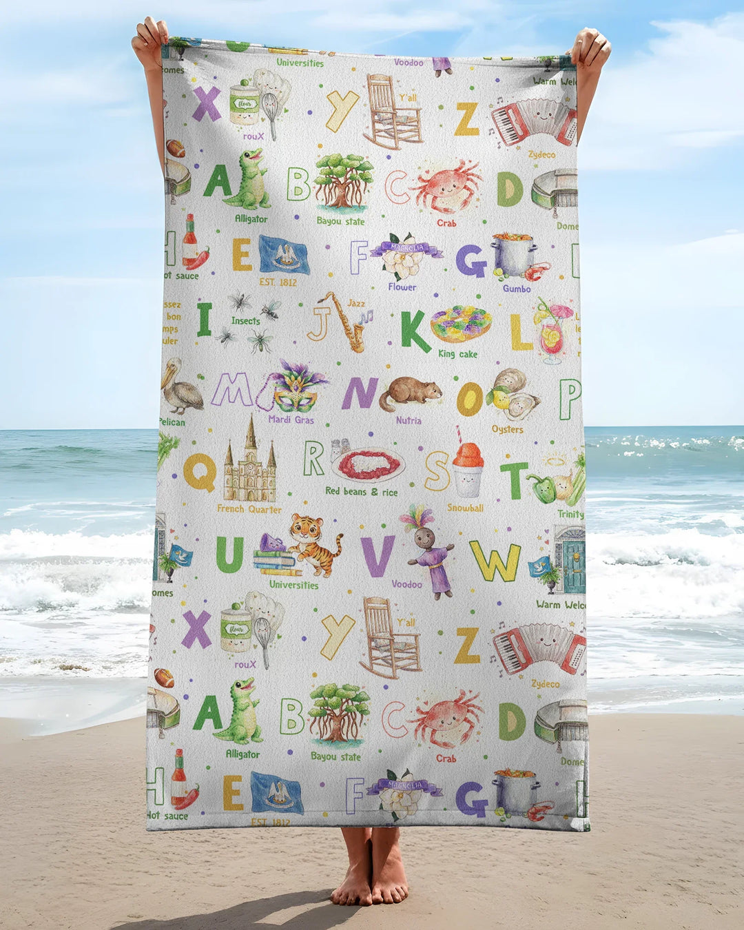 Alphabet of Lousiana Bamboo Beach Towel