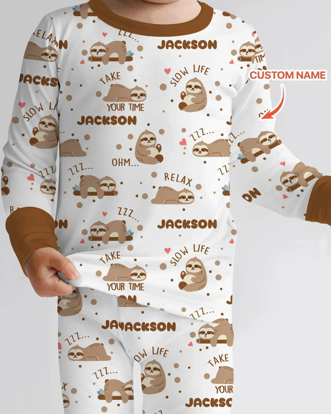 Custom Name Cute Sloth Bamboo Two Piece Long Sleeve Pajama Set