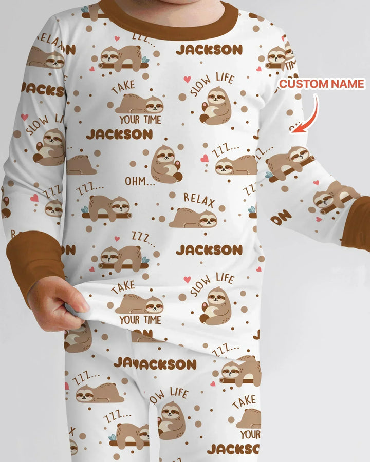Custom Name Cute Sloth Bamboo Two Piece Long Sleeve Pajama Set