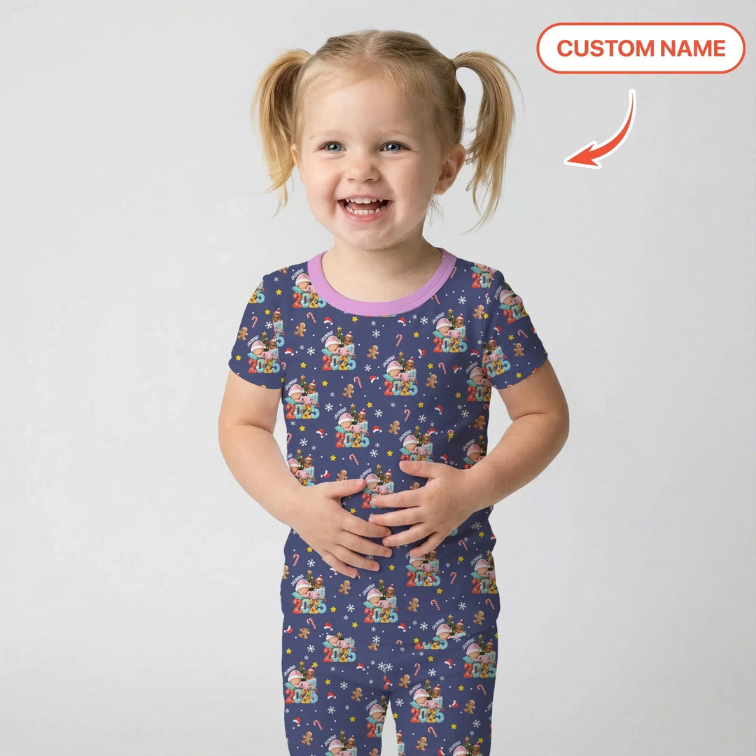 Custom Name Baby Girl's First Christmas Bamboo Two Piece Short Sleeve Pajama Set