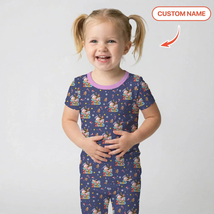 Custom Name Baby Girl's First Christmas Bamboo Two Piece Short Sleeve Pajama Set