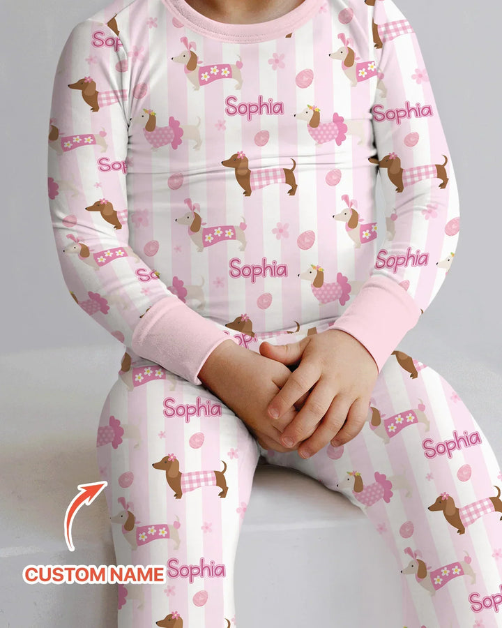 Custom Name Easter Dachshunds Family Matching Bamboo Two Piece Long Sleeve Pajama Set