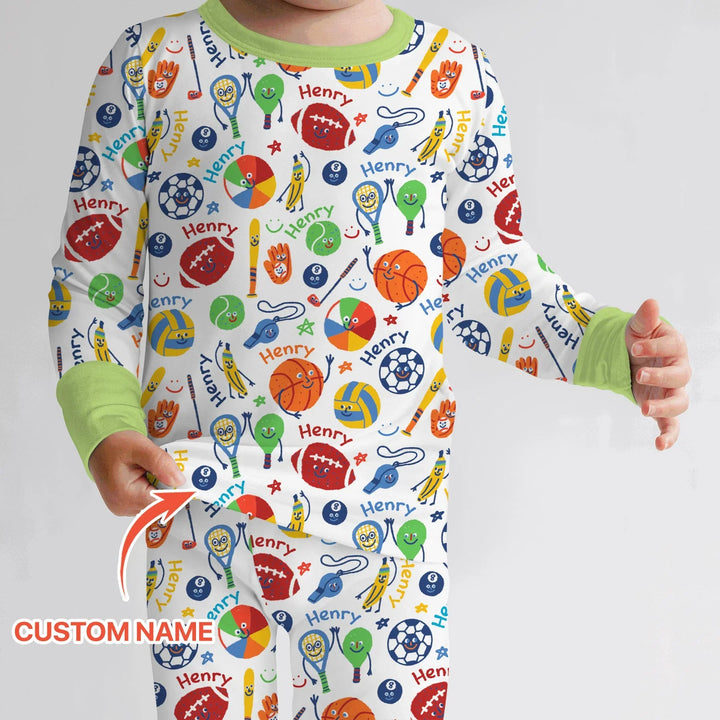 Play Ball Custom Name Bamboo Two Piece Long Sleeve Pajama Set
