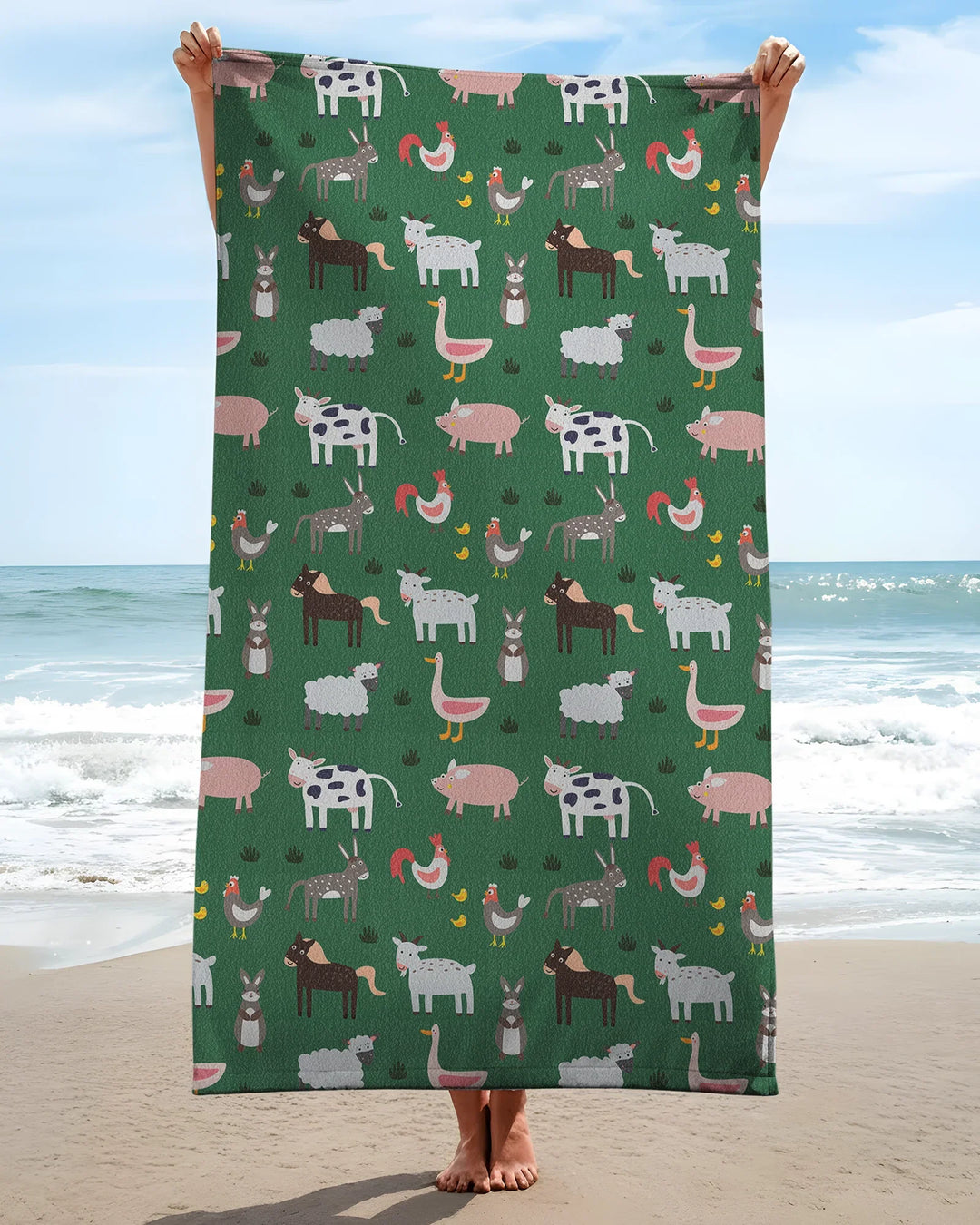 Green Farm Animals Bamboo Beach Towel