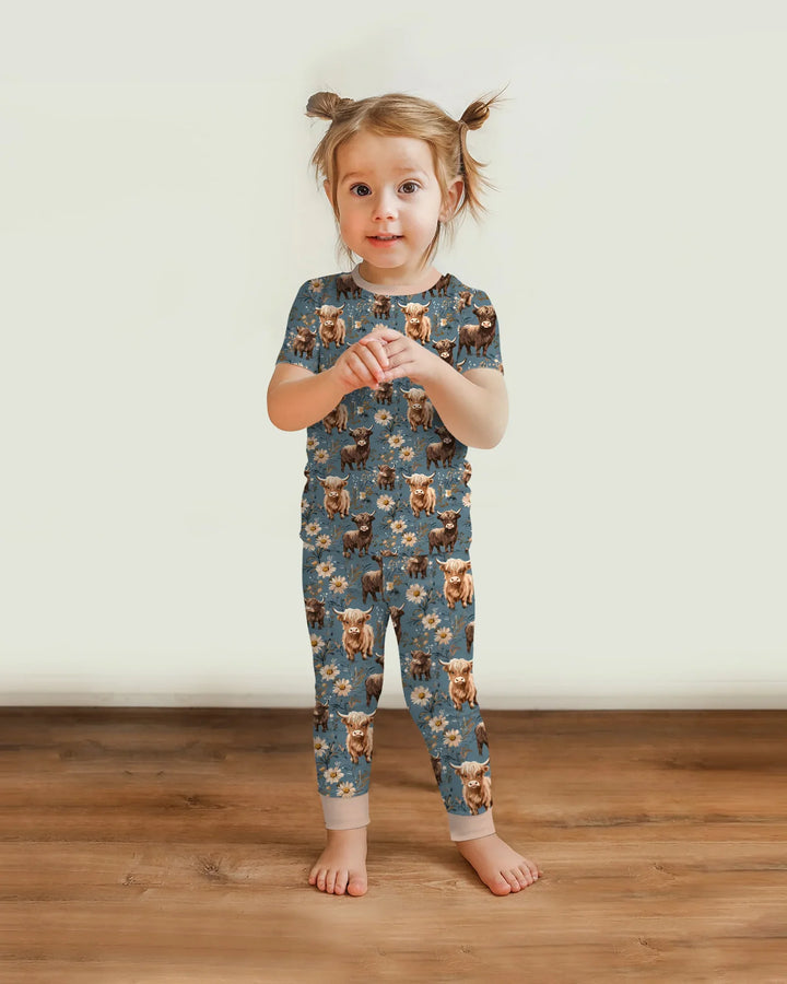 Majestic Highland Cows Family Matching Bamboo Two Piece Short Sleeve Pajama Set