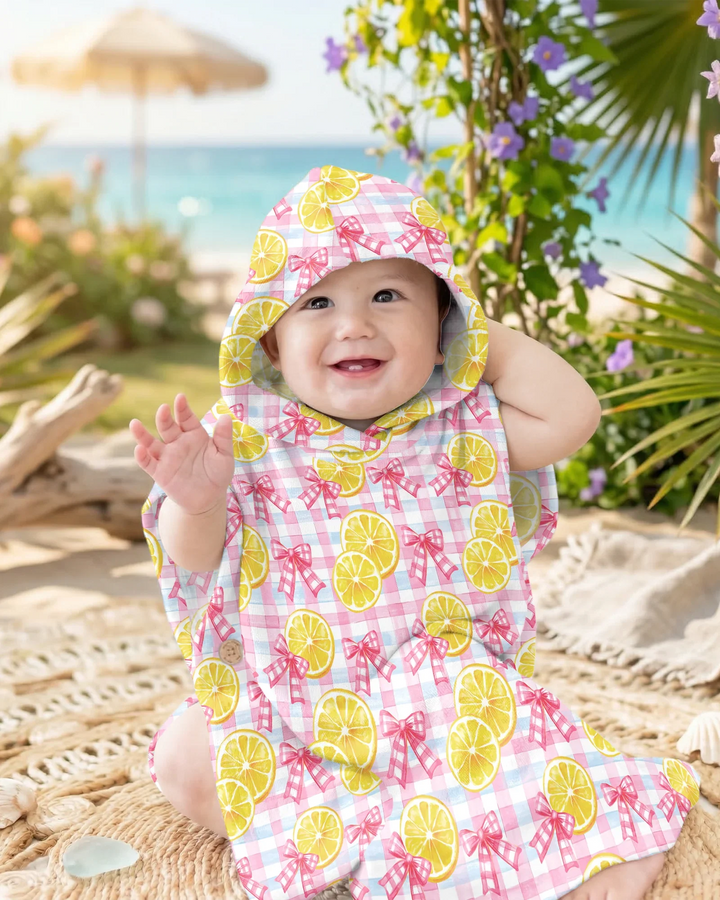 Pink Lemons Bows Checkered Bamboo Swim Poncho