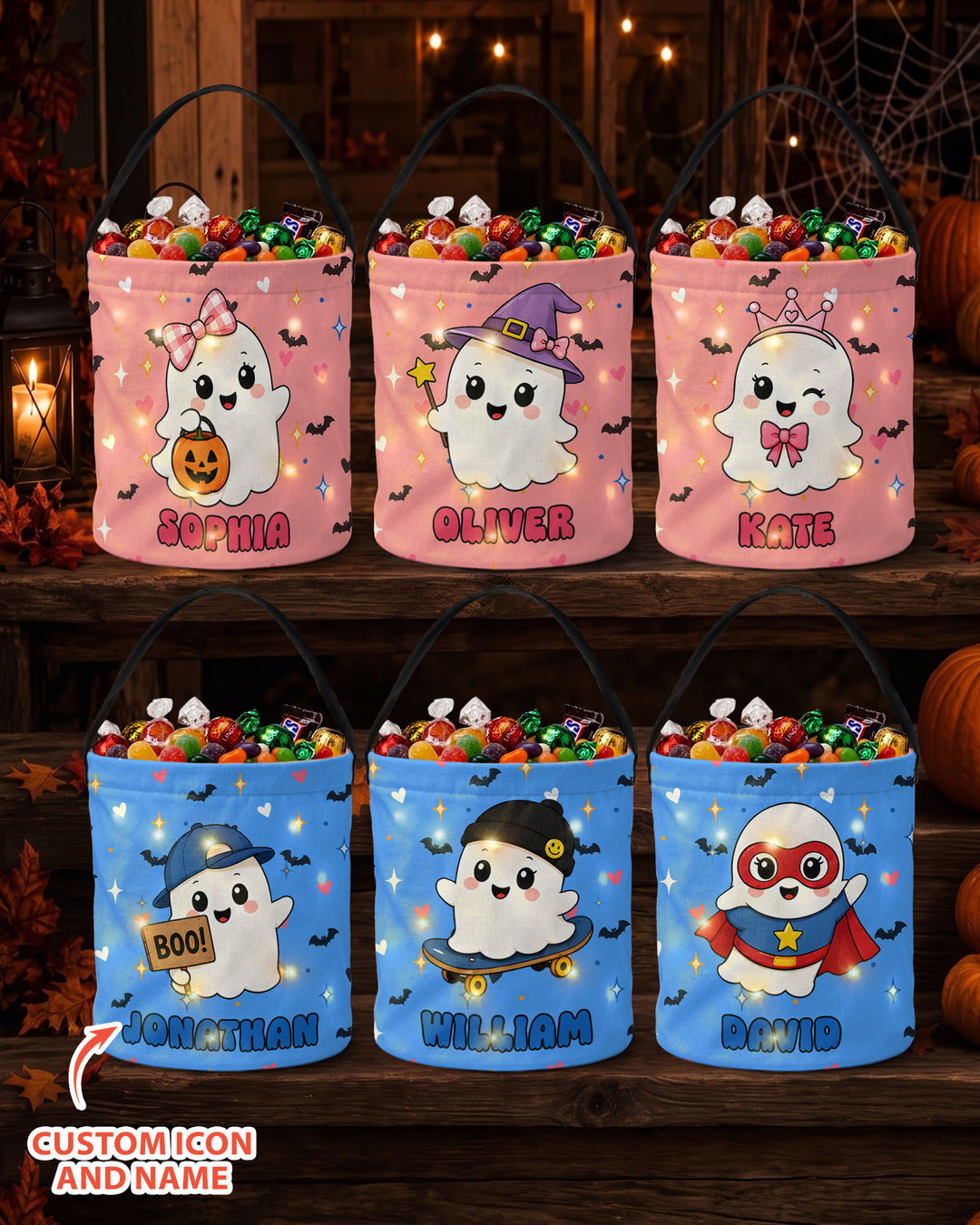 Cute Halloween Ghost Custom Name Led Light Bucket Bag