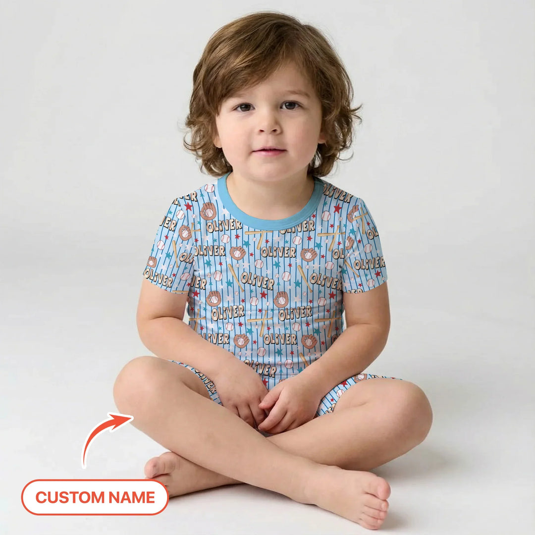 Custom name Little Baller Bamboo Two Piece Short Sleeve Shorts Pajama Set