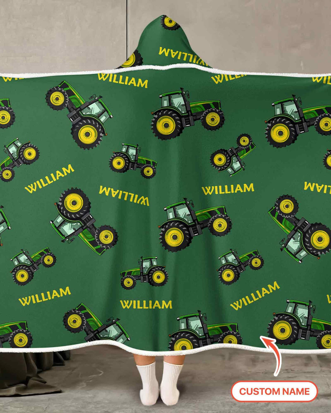 Custom Name Green Tractors Matching Daddy & Me Bamboo Wearable Hooded Blanket