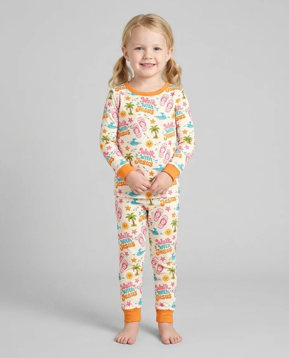 Groovy Summer Walk With Jesus Bamboo Two Piece Long Sleeve Pajama Set