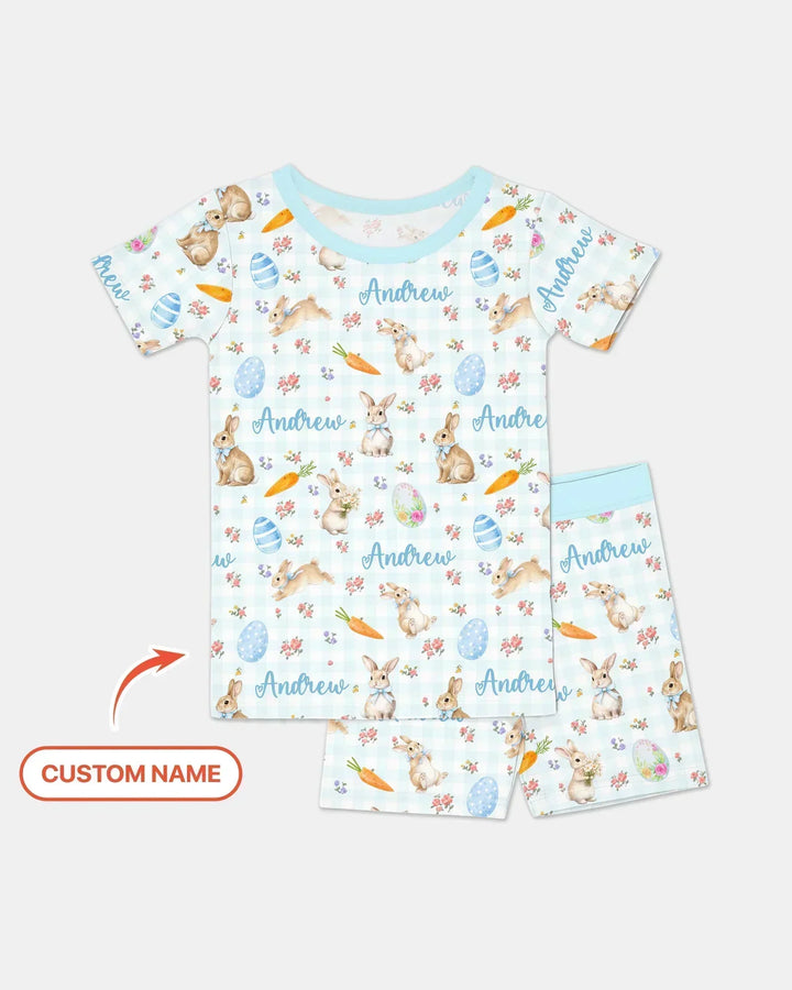 Custom Name Bunny Garden Bamboo Two Piece Short Sleeve Shorts Pajama Set