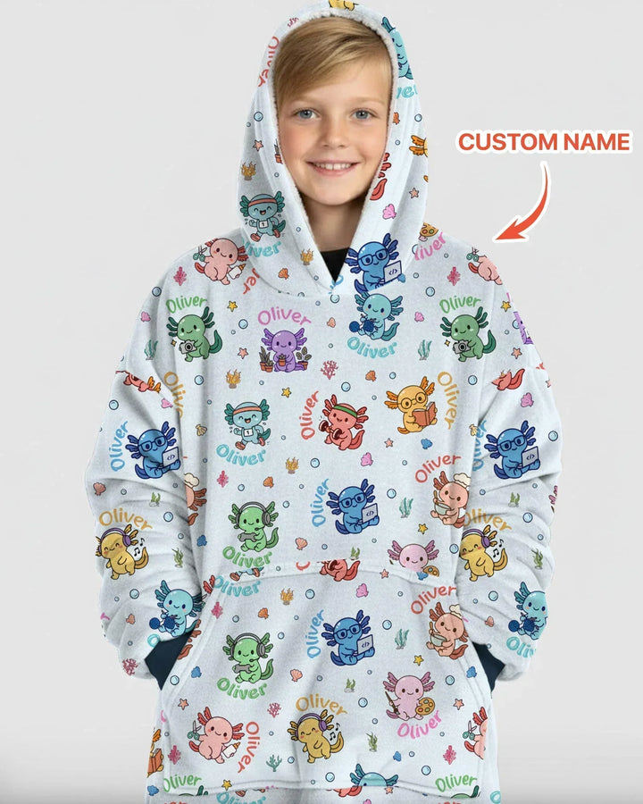 Custom Name Cute Hobby Axolotl Bamboo Blanket Hoodie
