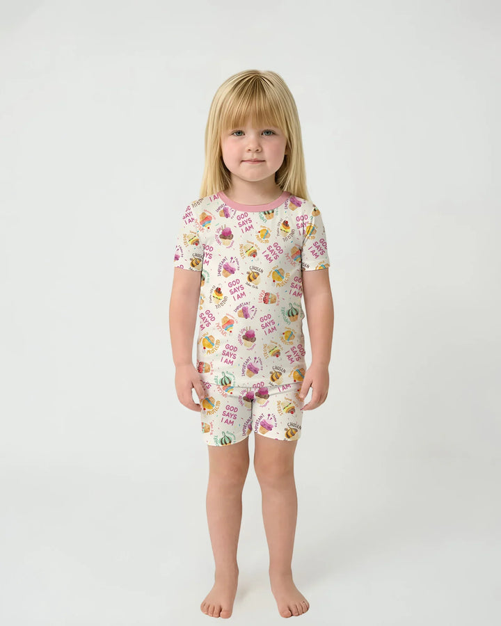Cute Cupcake God Says I Am  Bamboo Two Piece Short Sleeve Shorts Pajama Set