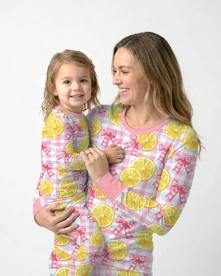 Pink Lemons Bows Checkered Bamboo Women Pajama Set