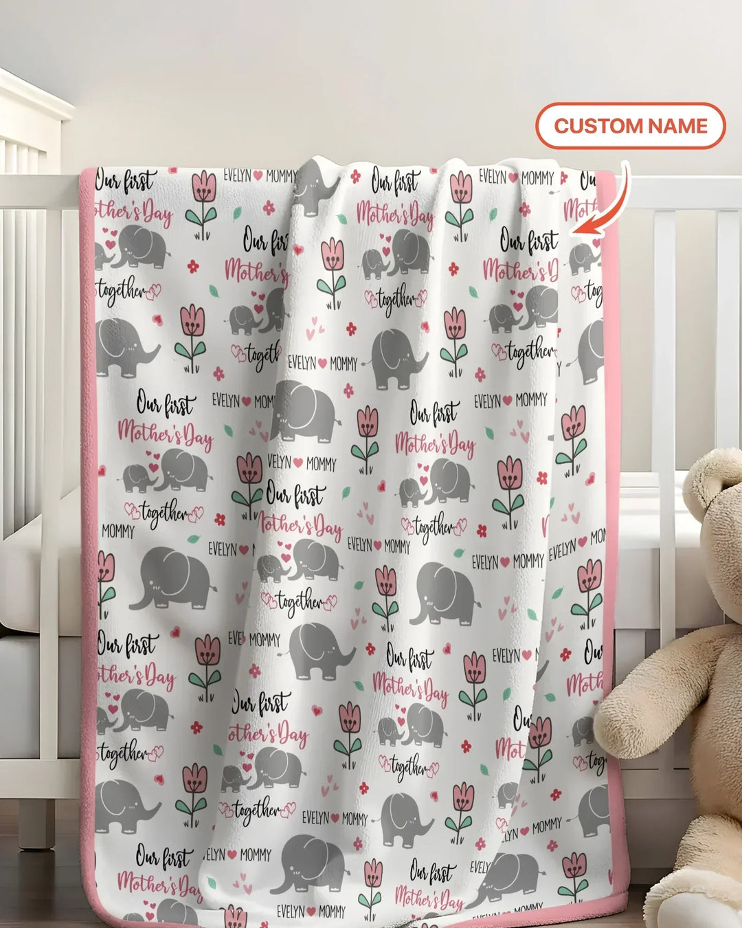 Custom Name Elephant Our First Mother's Day Bamboo Blanket