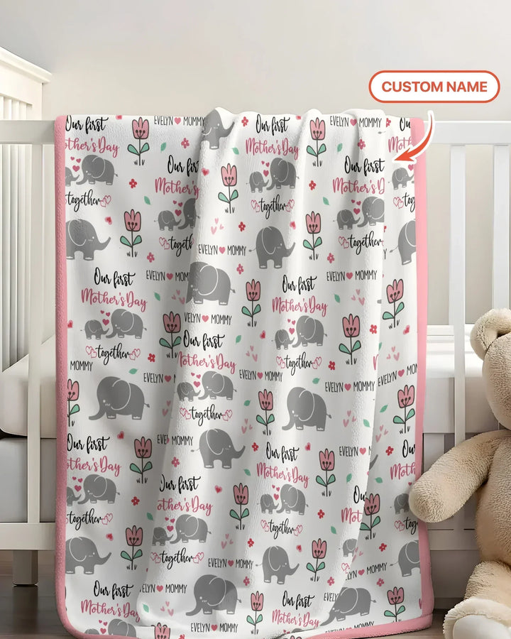 Custom Name Elephant Our First Mother's Day Bamboo Blanket