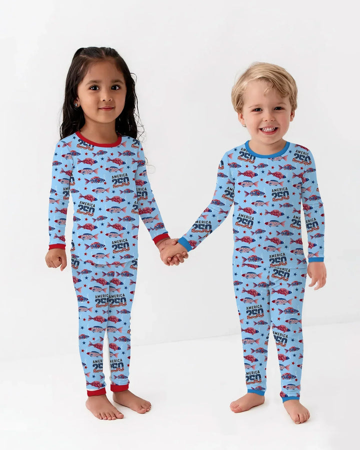 Stars and Stripes Fish Bamboo Two Piece Long Sleeve Pajama Set