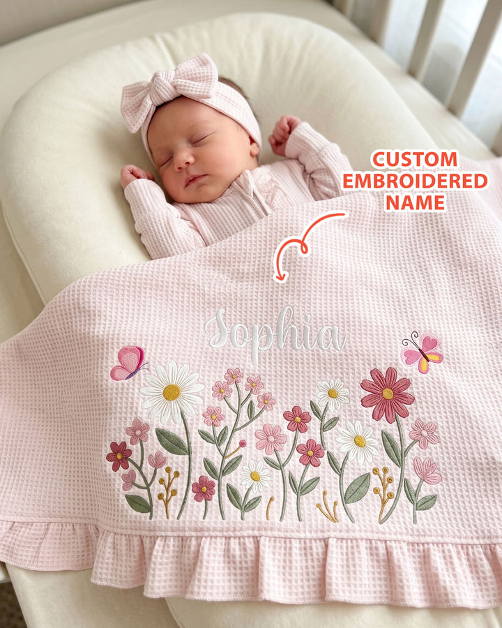 Custom Name With Flower Embroidered Waffle Ruffle Bamboo Blanket