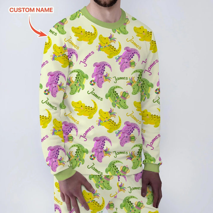 Custom Name Mardi Gras Alligator Bamboo Men's Pajama Set