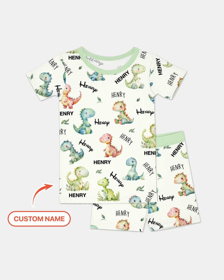 Dinosaur Custom Name Bamboo Two Piece Short Sleeve Shorts Pajama Set