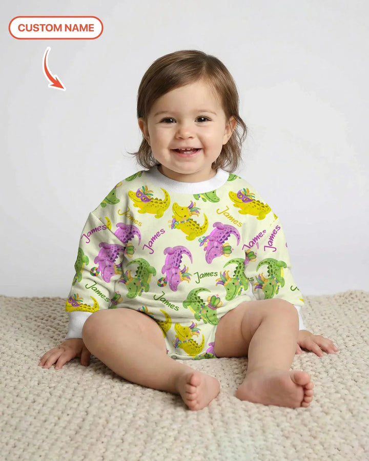 Custom Name Mardi Gras Alligator Bamboo Bubble Romper