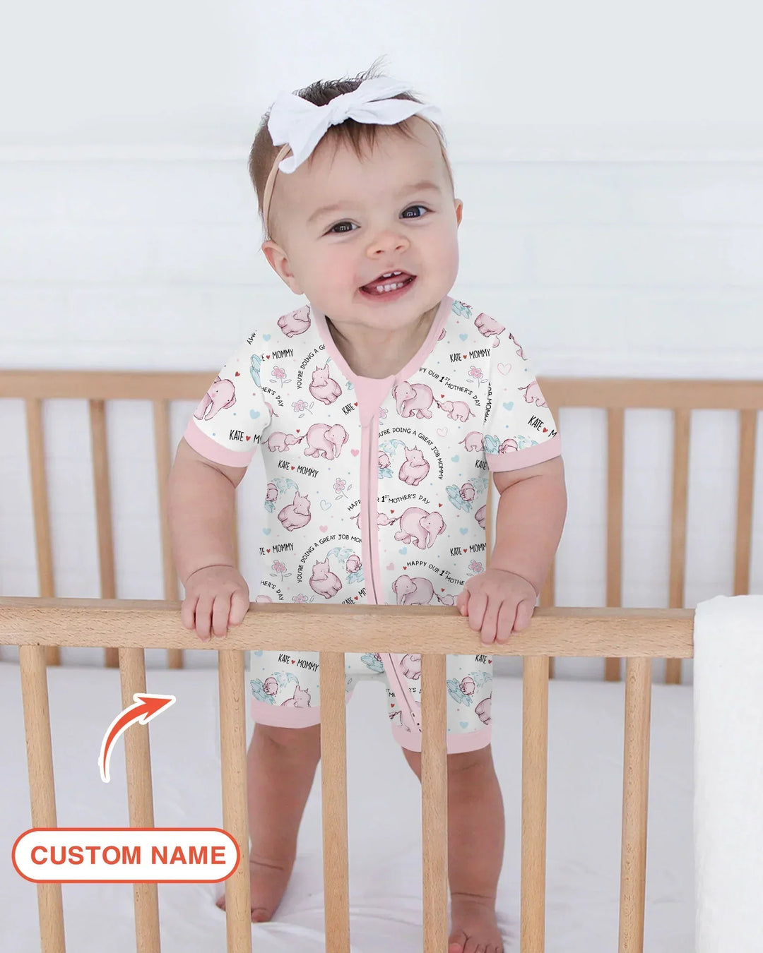 Custom Name Mother & Baby Elephant Bamboo Shorty Zippy