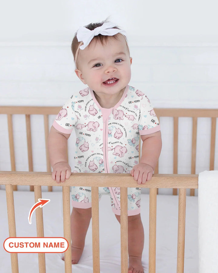Custom Name Mother & Baby Elephant Bamboo Shorty Zippy