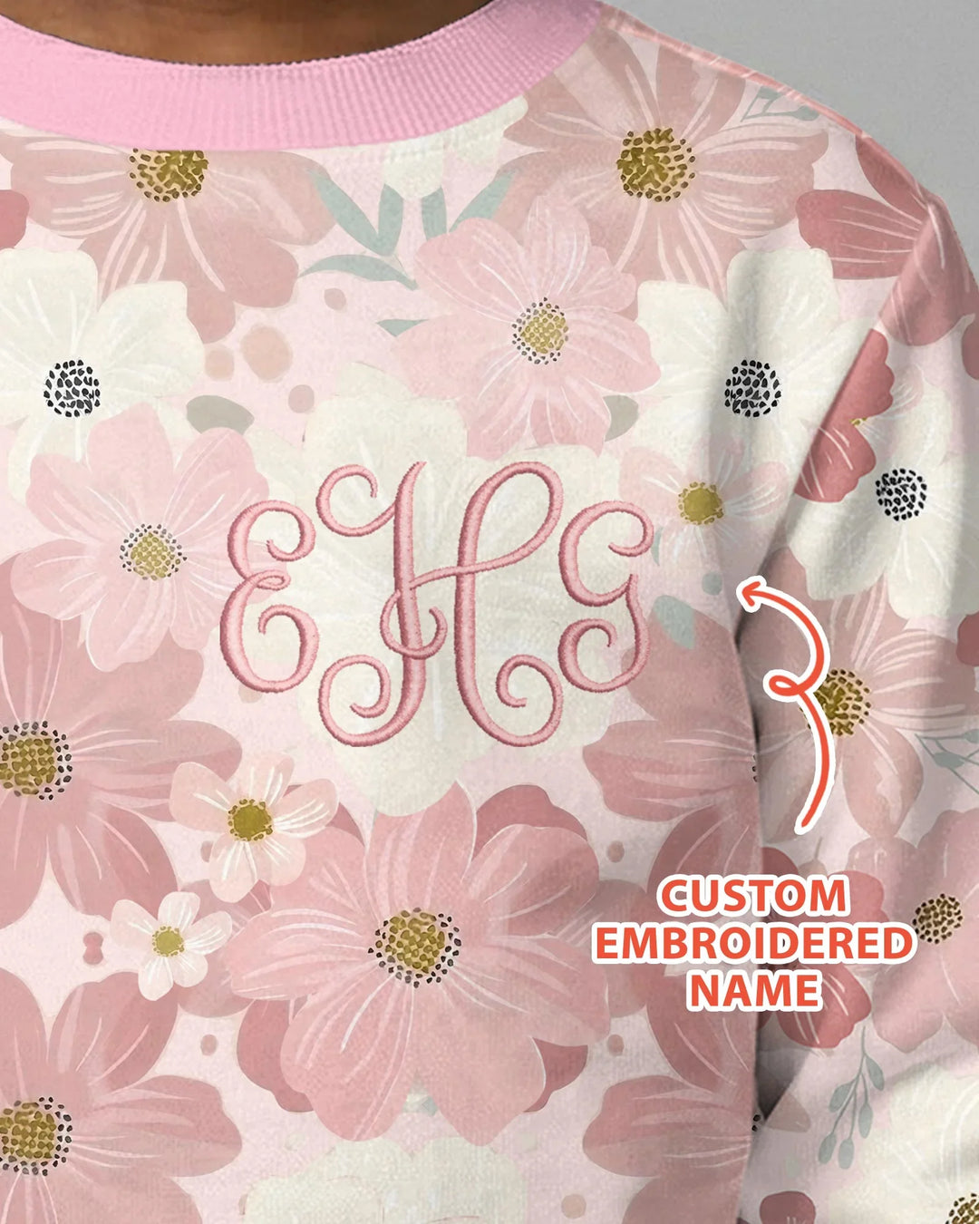 Custom Embroidered Name Floral Bamboo Crewneck Sweatshirt