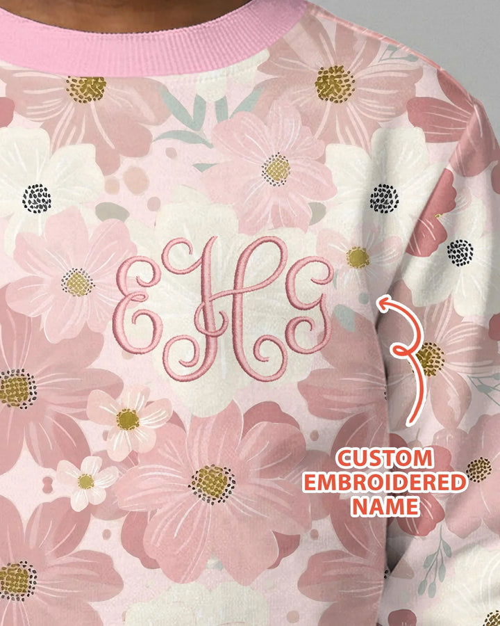 Custom Embroidered Name Floral Bamboo Crewneck Sweatshirt