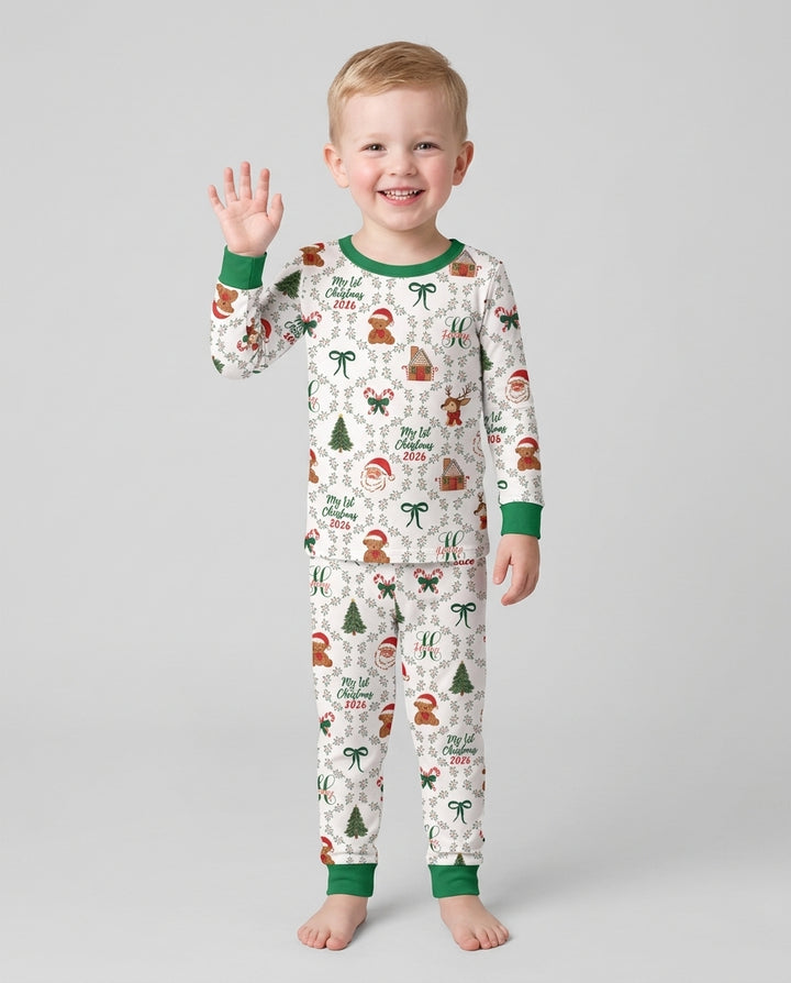 Custom name "Fancy Monogram Green Christmas 2026" Bamboo Two Piece Long Sleeve Pajama Set