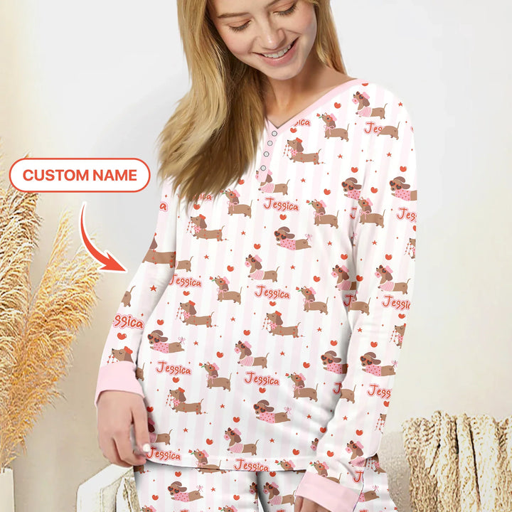 Custom Name Valentine Dachshund Family Matching Bamboo Women Pajama Set For Christmas