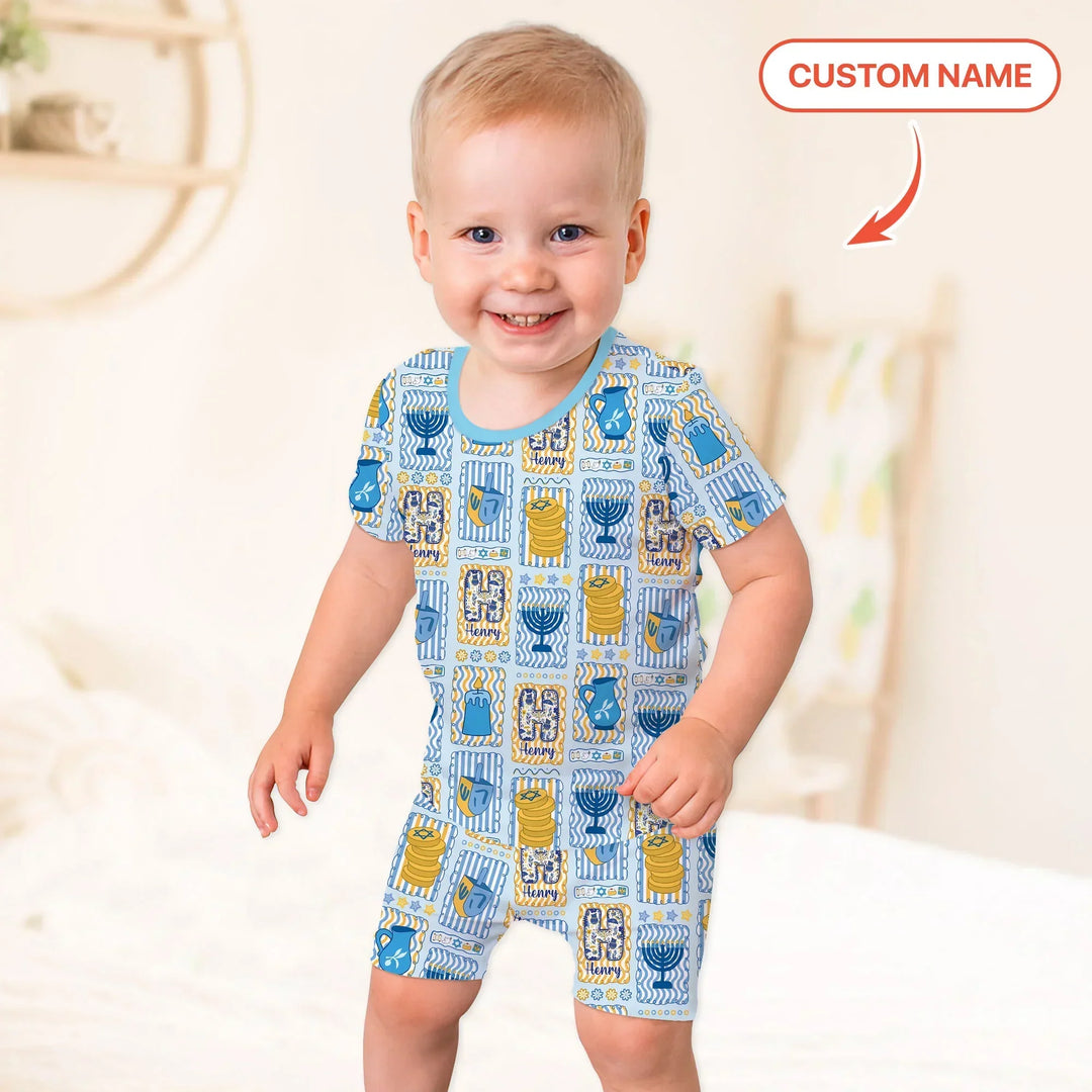 Custom Name Hanukkah Wonderland Bamboo Two Piece Short Sleeve Shorts Pajama Set