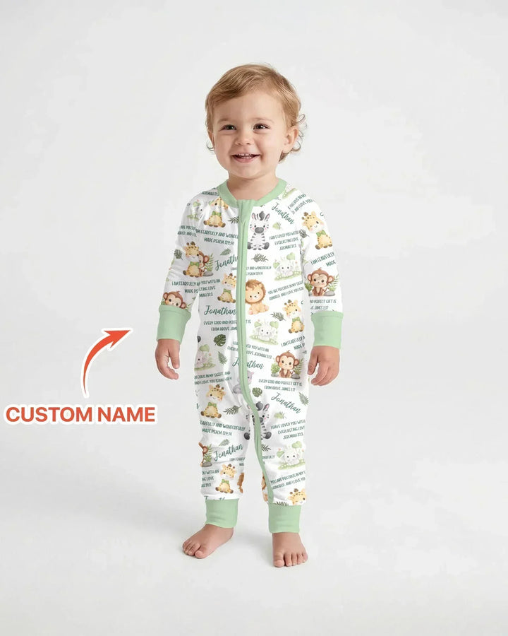 Custom Name Bible Verse Safari Animal Bamboo Two Piece Long Sleeve Pajama Set