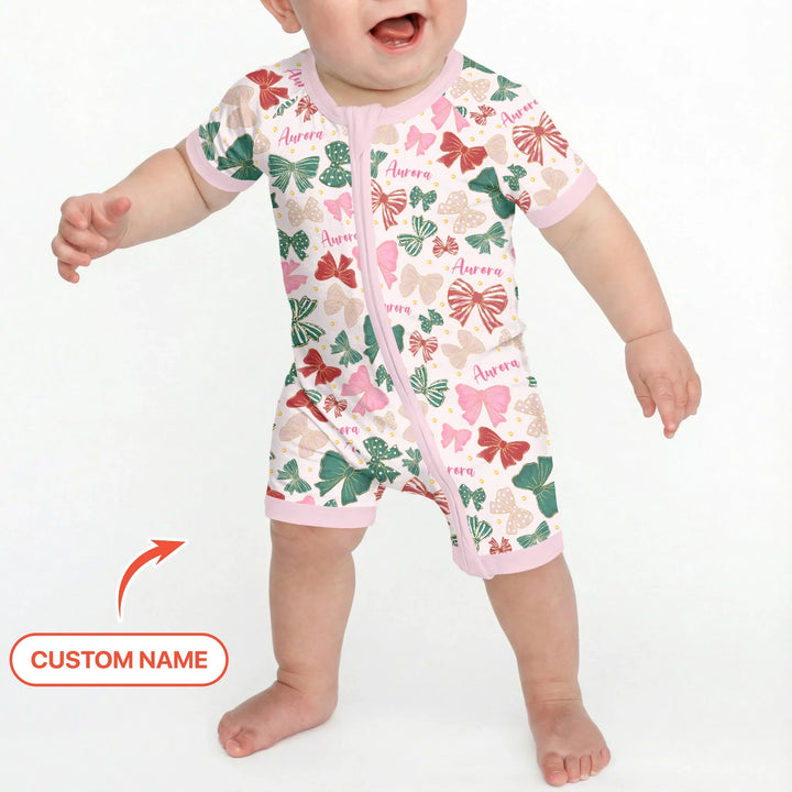 Custom Name Preppy Coquette Bows Bamboo Two Piece Short Sleeve Shorts Pajama Set