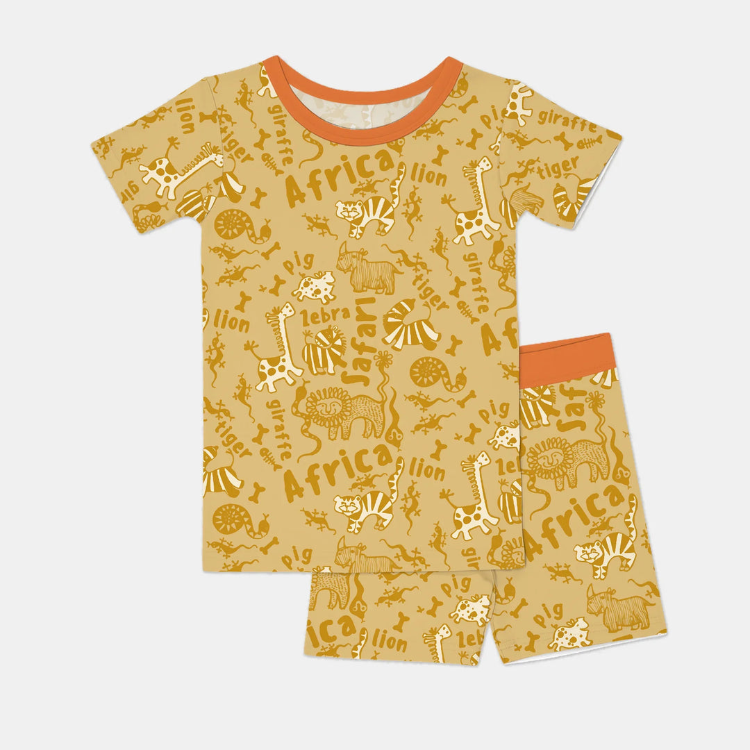 Handdrawn African Animals Bamboo Two Piece Short Sleeve Shorts Pajama Set